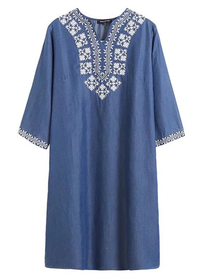 Ethnic Style V-neck Embroidery Drape Breathable Tencel Denim Dress